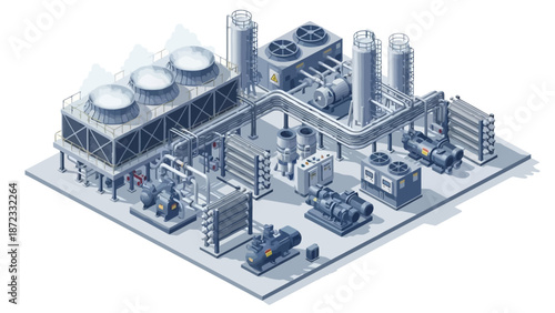 Isometric illustration of a modern industrial facility with cooling towers, compressors, and storage tanks.