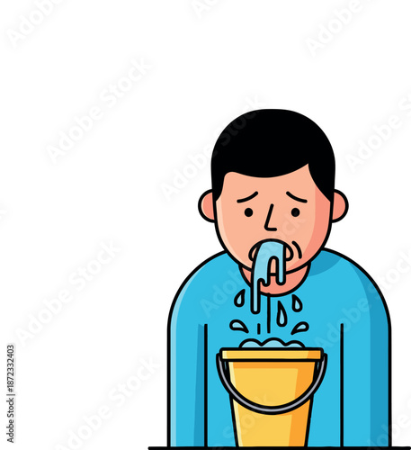 Man Vomiting into a Yellow Bucket Illustration.