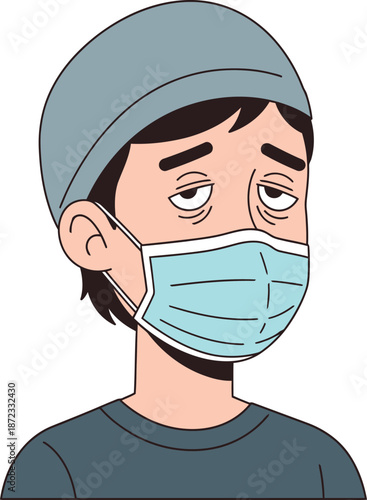 Tired person wearing a face mask and beanie.