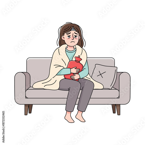 Sick woman with hot water bottle on sofa feeling unwell.