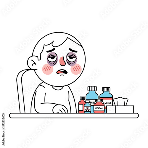 Sick Person With Dark Circles Under Eyes And Medicine Bottles.