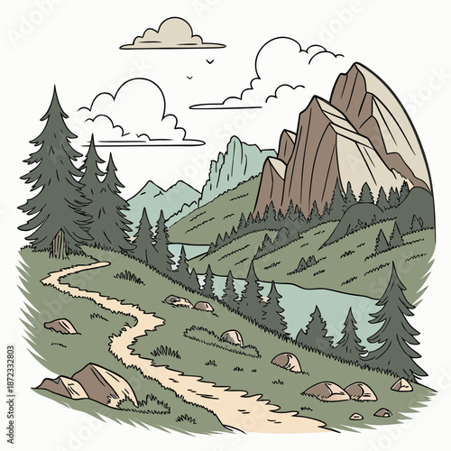 Mountain landscape with forest and river