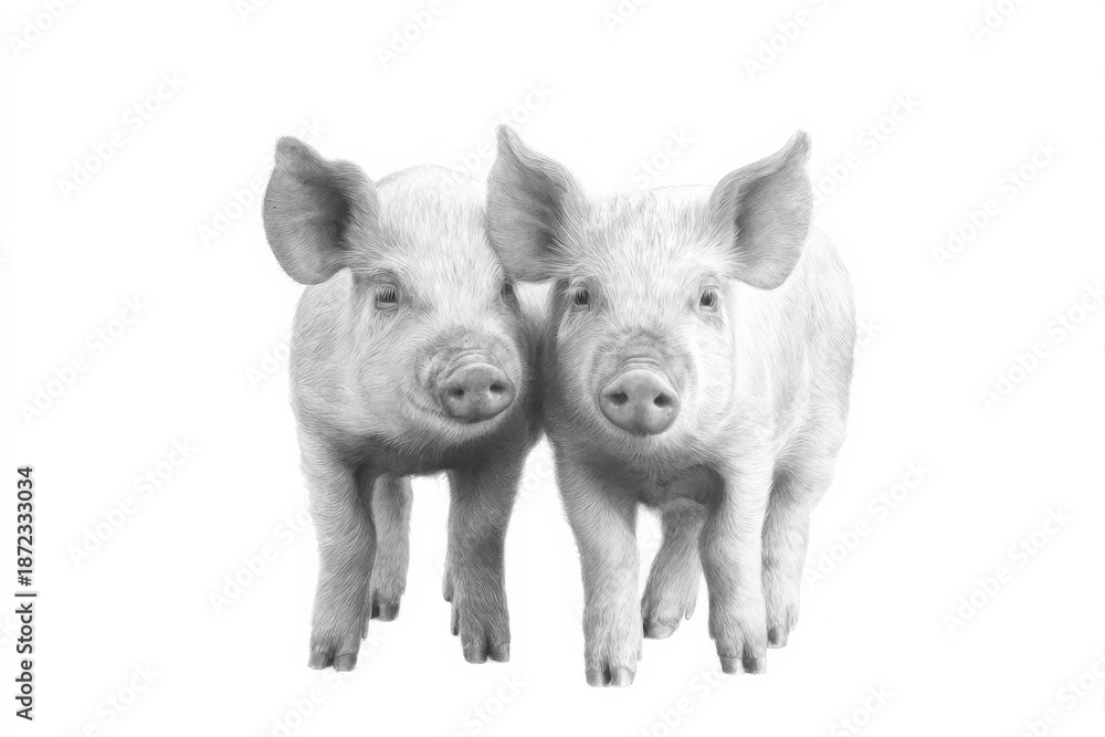 Fototapeta premium Realistic illustration of two adorable piglets on white background