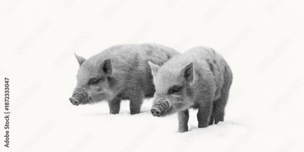 Fototapeta premium Two young boars standing in snowy landscape