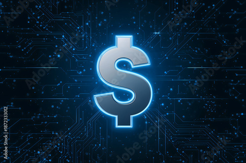 Digital Dollar Sign Glowing on Blue Circuit Board Background
