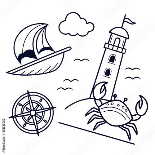 Nautical scene with lighthouse and compass