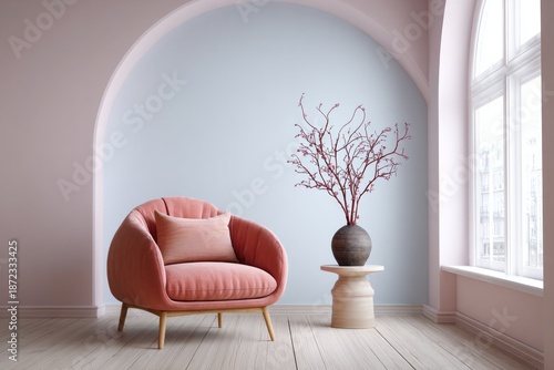 Elegant room features a coral armchair and branch decoration.