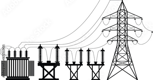 Electric power transmission infrastructure silhouette showing transformer, insulators and high voltage pylon, detailed industrial energy system vector illustration isolated on white background