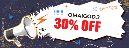 Vibrant discount announcement illustration with megaphone and 30 percent off text on dark background with graphic and promotion and sale and advertising