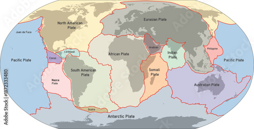 World Map With Plate Tectonics Outlines Silhouette Vector