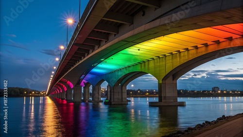 Modern concrete bridge with rainbow LED lights over calm water at twilight, isolated on transparent background