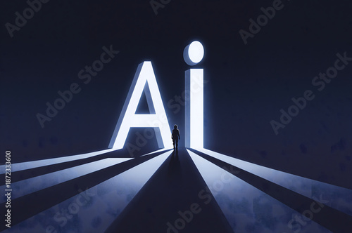 Silhouette person walking into bright artificial intelligence AI letters, conceptual image of future technology