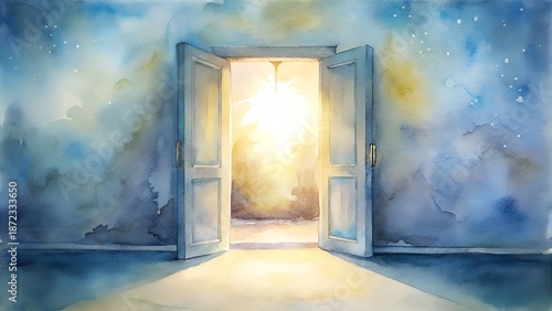 Open Doorway Revealing Bright Light and Distant Landscape Watercolor Painting