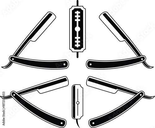 Four straight razors and sharpening stone on white background