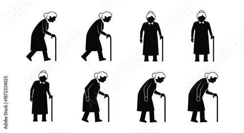 Illustrations depicting the stages of aging in elderly women with walking sticks