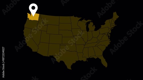 High quality 4K animation of the Washington state map with a location pin marker. Clean motion graphic suitable for navigation, travel, business location, presentations