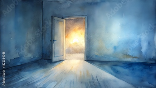 Watercolor Painting Of An Open Door Revealing A Bright Sunny Sky And Light Beams Entering A Room