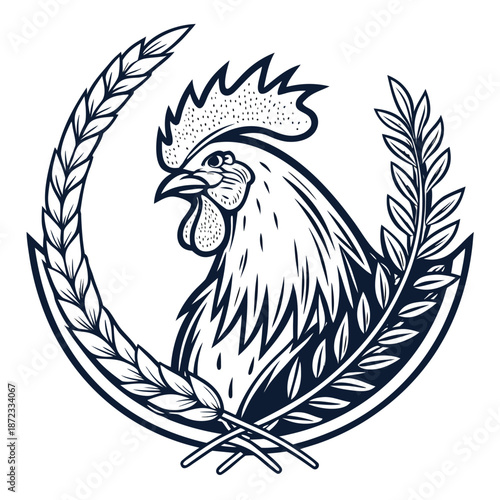 Classic rooster emblem featuring wheat and leaves a vintage design