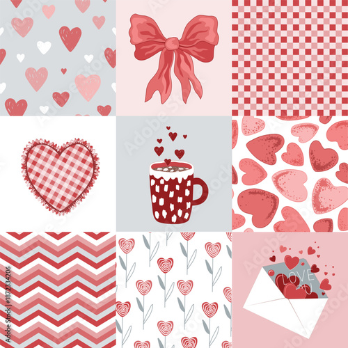 Valentine Day Patchwork Quilt Seamless Doodle Pattern. Romantic Patch Duvet Design. Vector background. Geometric Checkered Print