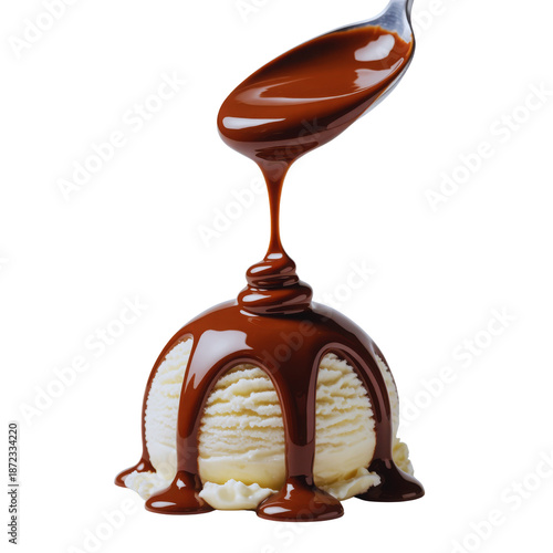 Chocolate sauce drizzling over ice cream isolated on transparent background