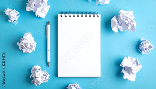 Blank Notebook and Crumpled Paper Balls on Blue Background.