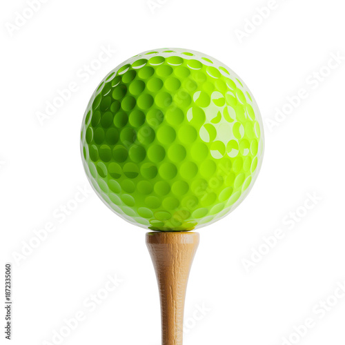 Bright green golf ball on tee isolated on transparent background