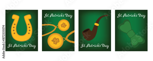 Set of vertical St. Patrick’s Day banners and greeting cards with shamrocks, horseshoes, beads, bow, decorations and smoking pipe, Irish holiday celebration
