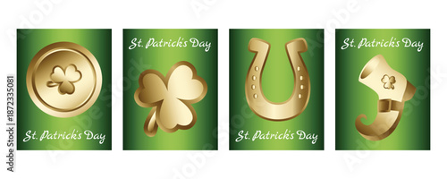 Set of vertical St. Patrick’s Day banners and greeting cards with leprechaun gold coins, shamrocks, horseshoes and leprechaun boots, Irish festive theme