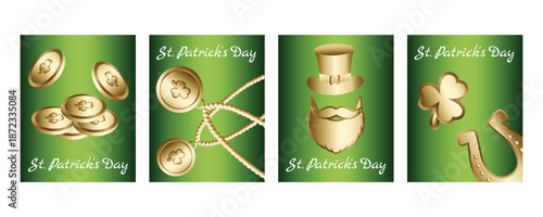 Set of vertical St. Patrick’s Day banners and greeting cards with leprechaun gold coins, beard, hat, horseshoes, beads and shamrocks, Irish celebration