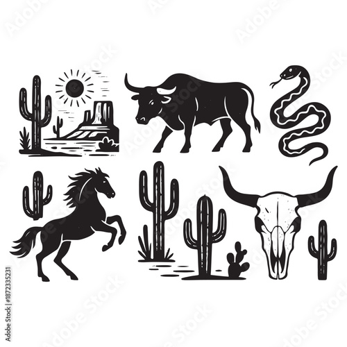 Western Desert Linocut Print Set – Boho Cactus, Canyon Wildlife & Rodeo Icons