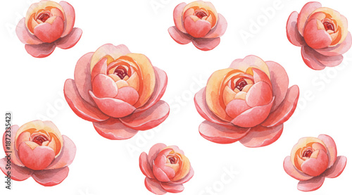 A collection of delicate watercolor flowers in soft pink hues scattered across a white background from a top-down viewpoint.