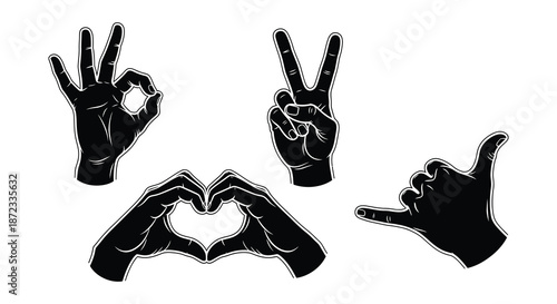 Black silhouette collection of diverse hand gestures and signs