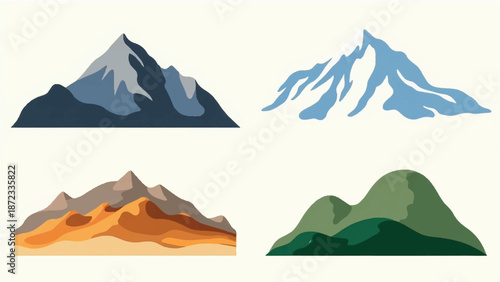 Collection of mountain landscapes. Nature mountain scenery background. Illustration of mountain landscape collection.