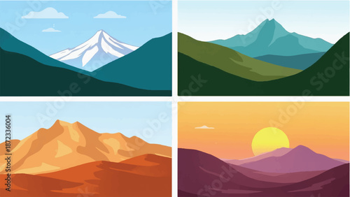 Collection of mountain landscapes. Nature mountain scenery background. Illustration of mountain landscape collection.