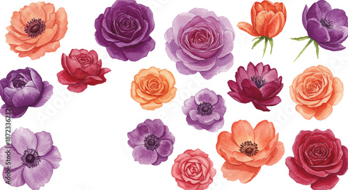 Vibrant floral arrangement featuring roses and ranunculus in various shades of purple and orange