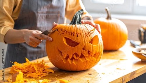 Carving a Spooky Jack-o-Lantern for Halloween Celebrations.