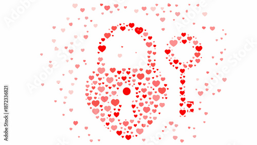 Padlock and key made of red hearts on white background