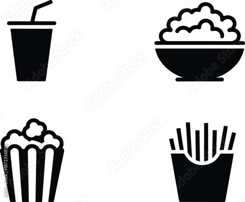 Fast food and snack silhouette icon set, soft drink cup, rice bowl, popcorn and french fries, black food symbols, minimal vector illustration