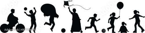Silhouettes of diverse children playing outdoors with toys, engaging in active movement, joyful childhood activities, and recreational fun vector design