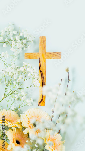 Wooden Christian Cross With Soft Spring Flowers On Light Background. Concept Of Easter Celebrations, Christian Faith Visuals, Religious Greeting Cards, Church Event Design, And Spiritual Hope Themes