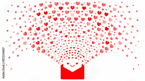 Red envelope overflowing with hearts on white background