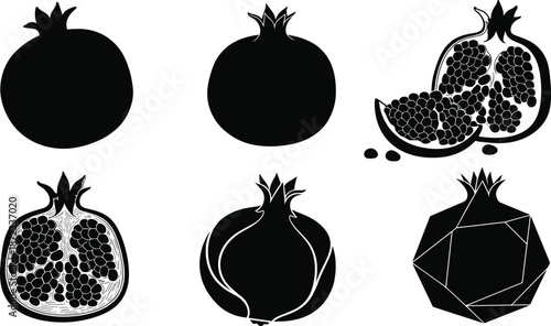 Pomegranate silhouette vector set featuring whole, sliced, cross-section, and geometric fruit styles with seed detail for food and design use