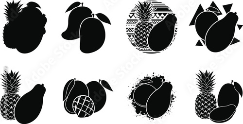 Pineapple and mango silhouette vector set with artistic fruit compositions, tribal, geometric, and splatter styles for tropical design use
