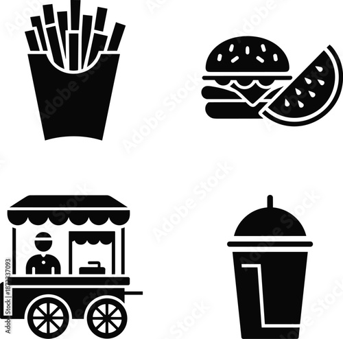 Fast food silhouette icon set, french fries burger street food cart and soft drink cup, black food symbols, minimal vector illustration for menu, branding, and print use