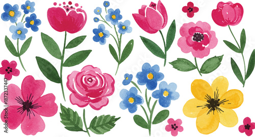 A vibrant collection of colorful flowers and lush greenery arranged in a lively floral pattern