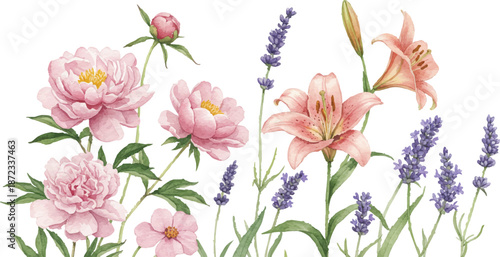 A serene arrangement of flowers including lilies and peonies in a garden setting viewed from directly above.