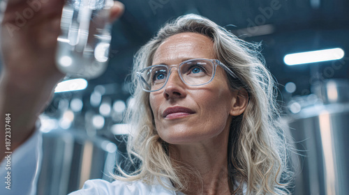 A focused woman in a lab coat examines a clear liquid in a vial, showcasing her analytical approach in a modern laboratory setting.