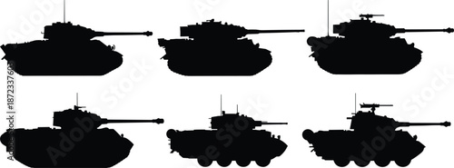 Military tank silhouette vector set showing various armored vehicle designs with turrets, wheels, and cannons for war, defense, and strategy use