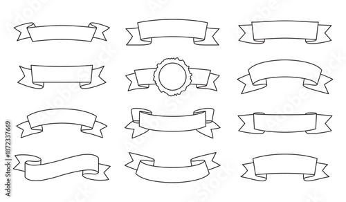 Hand drawn ribbon banner vector set in outline style. Perfect for labels, badges, logos, headers, vintage designs, certificates, packaging, branding, and decorative typography projects.