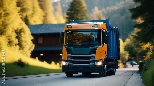 Wallpaper Mural Large yellow and blue truck driving down a scenic road Torontodigital.ca